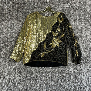 Women's Jean for Joseph Le Bon Silk Sequin Beaded Black Gold Formal Top- Size L
